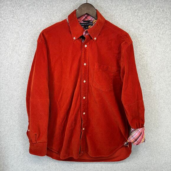 Tommy Hilfiger Shirt Mens Large Red Corduroy Button Down Long Sleeve Plaid Trim - Picture 1 of 15